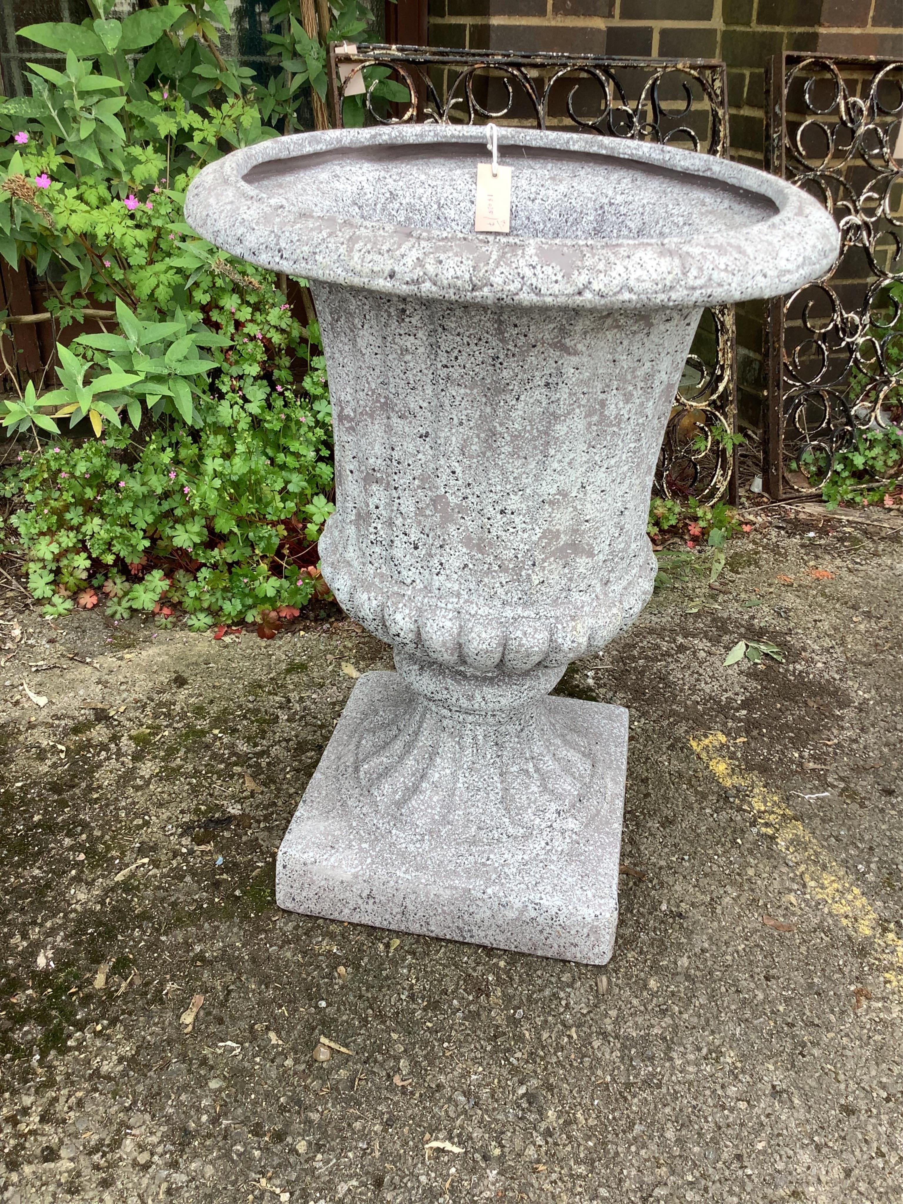 A pair of circular Fibreclay campana garden urns, diameter 54cm, height 72cm